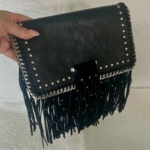 Anna Sui Black Fringe Studded Clutch Bag